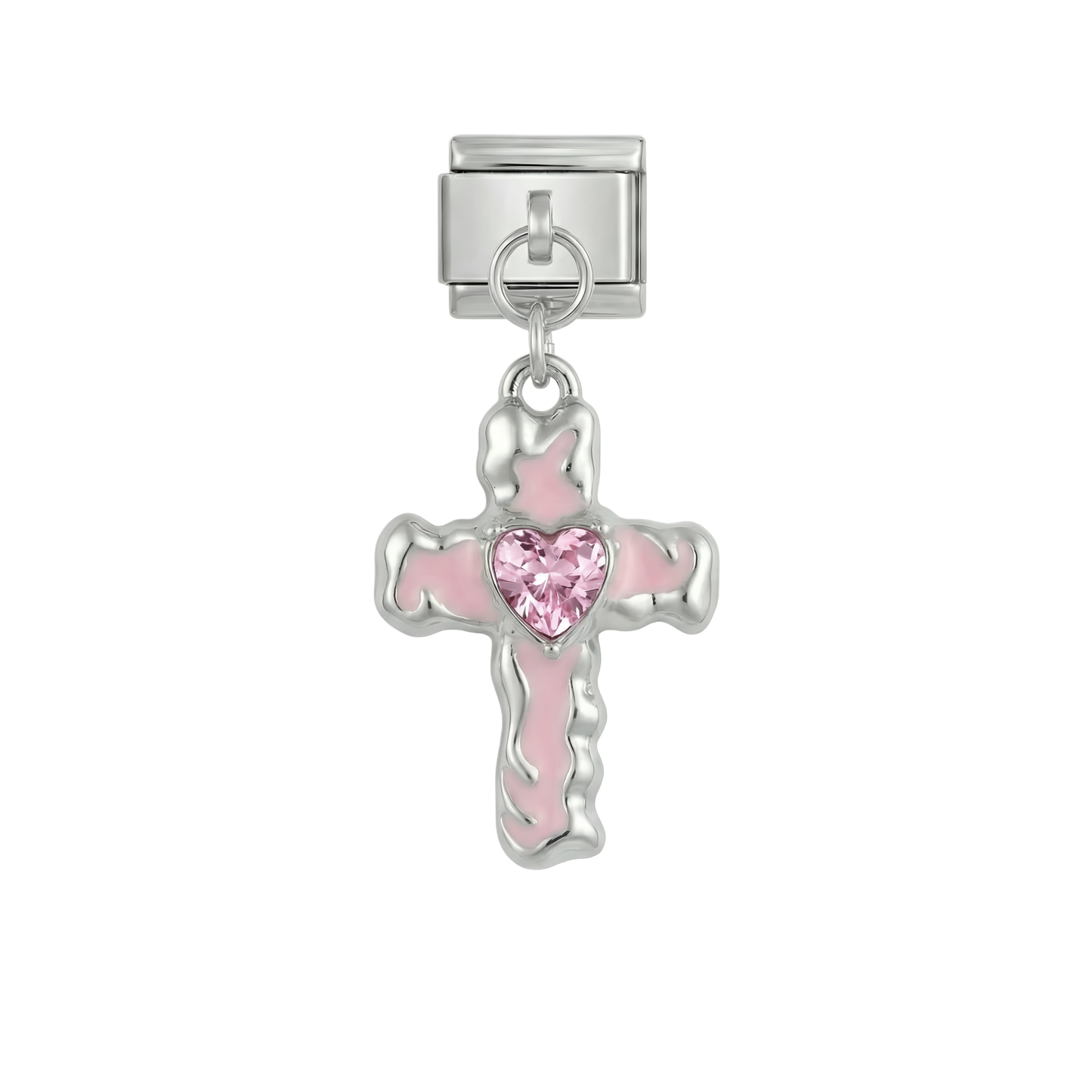 Pink Cross with Heart, on Silver