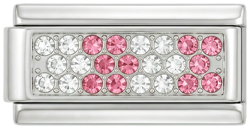 Placa de Prata com Pedras Rosa e Brancas, Duplo, em Prata