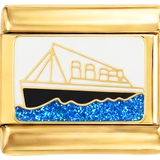A ADICIONAR - Navio dourado e preto com mar azul sobre fundo dourado