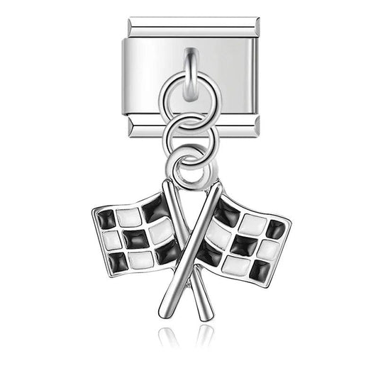 Double Racing Flags, on Silver - Charms Official