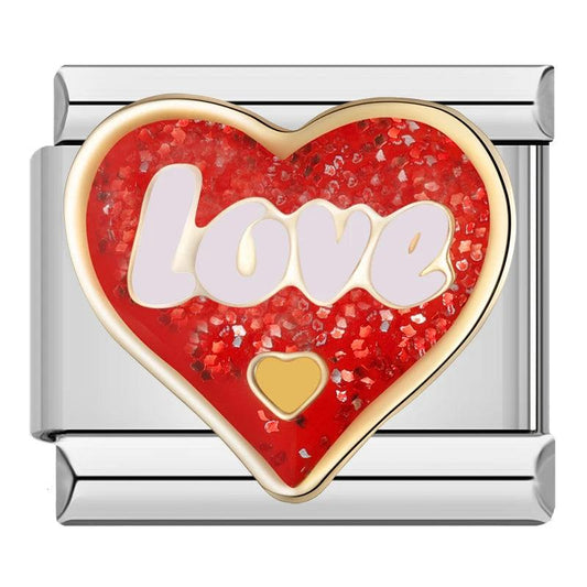 Glittery Red Heart, Love, on Silver - Charms Official